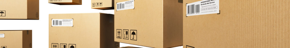 Cardboard boxes Creative abstract shipping, logistics and retail parcel goods delivery commercial business concept: group of corrugated paper cardboard box packages isolated on white background